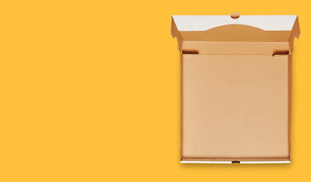 Opened cardboard pizza box template isolated on yellow background
