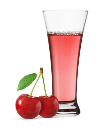 Cherry juice in a transparent glass isolated on white backgroundの写真素材