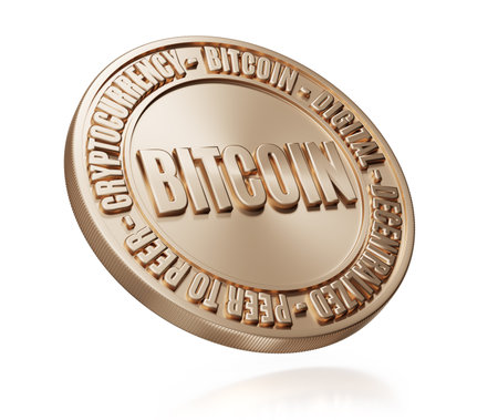 golden bitcoin coin isolated on white background. 3d illustrationの写真素材