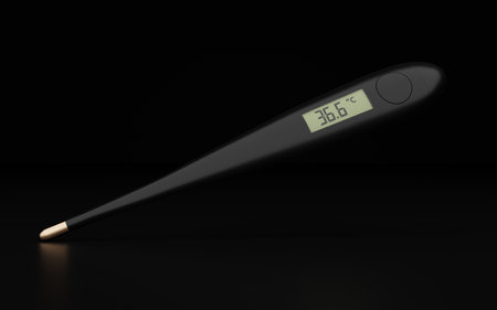 electronic medical thermometer for measuring human body themperature. Fever normal 36.6 celsius or 98.60 Fahrenheit. 3D illustration.の写真素材