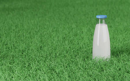 glass bottle of milk on a green grass. 3d illustrationの写真素材