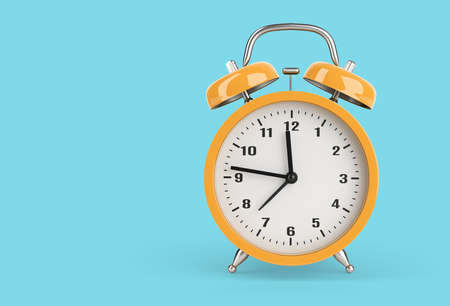 Yellow Alarm clock on a blue background. 3d illustration.