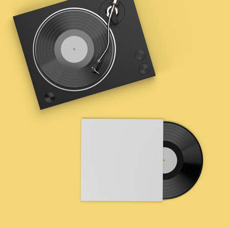 Turntable player and vinyl record in cardboard cover mock up isolated on yellow background. Top view. Template for your design. 3d illustrationの写真素材