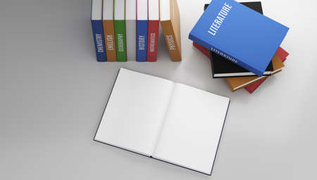 textbooks and open book isolated on white background. Top view. 3d illustrationの写真素材