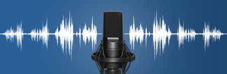 Modern studio microphone with audio waveform over blue background. Radio broadcast or podcast banner