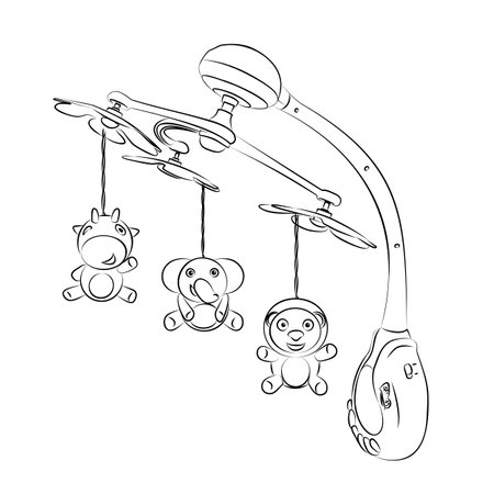 Line art illustration of crib mobile. Carousel with toys on the crib for children. Vector illustration of crib mobile for kids. Illustrations of toys for children.のイラスト素材