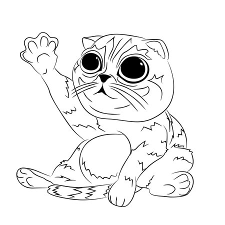 Line art illustration of cartoon cat with a raised front paw. Cartoon abandoned cat Scottish Fold. Offended sitting cat breed Scottish Fold with a raised front paw.のイラスト素材