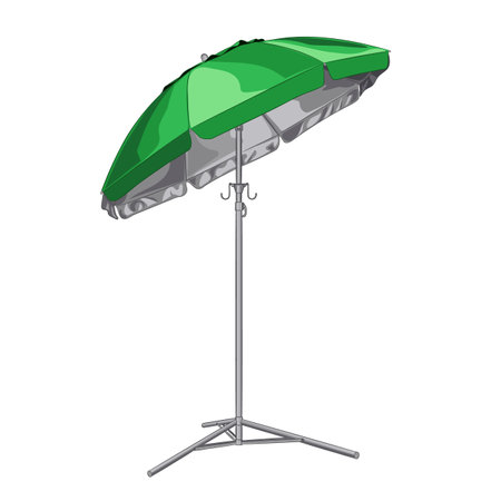 Color illustration of large tilted sunumbrella. Vector illustration of an outdoor, beach, garden summer parasol on a tripod support base. Summer sun umbrella for beach, yardのイラスト素材