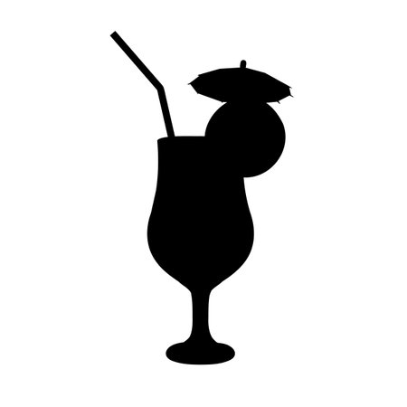 Vector shape of cocktail glass with orange drink. Vector illustration of orange drink with cocktail umbrella, orange slice and straw. Image of summer cocktail with orange in vectorのイラスト素材