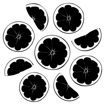Vector shape of fresh orange slices. Vector illustration of fresh citrus cuts of nine orange pieces. Image of summer fruit salad of orange slices in vector.のイラスト素材