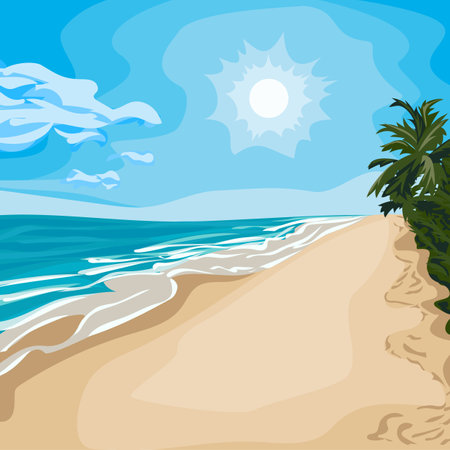 Color illustration of sea sandy beach. Vector illustration of a sea beach under bright sun with cloud and palm trees. Summer tropical beach and sea in vector.のイラスト素材