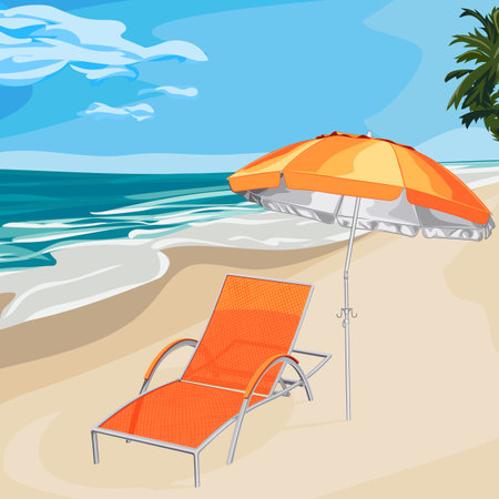 Color illustration of sea sandy beach with deckchair near sun umbrella. Vector illustration of a sea beach with chaise longue for relaxing under summer parasol and palm trees.のイラスト素材