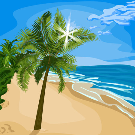 Palm with sun rays through foliage on beach. Vector illustration of palm tree on sea beach with bright sun breaking through the leaves. Image of tropical palm tree, beachのイラスト素材