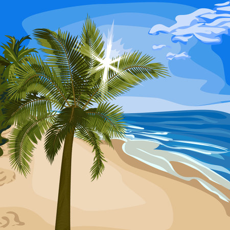 Palm with sun rays through foliage on beach. Vector illustration of palm tree on sea beach with bright sun breaking through the leaves. Image of tropical palm tree, beachのイラスト素材