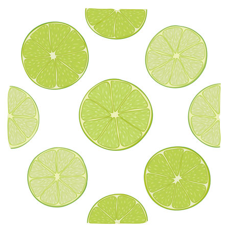 Color illustration of fresh lime slices. Vector illustration of fresh citrus cuts of nine lime pieces. Image of summer fruit salad of lime slices in vector. Illustrations of citrのイラスト素材