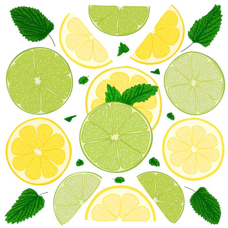 Color illustration of lemon and lime wedges with mint leaves. Vector illustration of fresh citrus cuts of lemon and lime pieces flavored with mint leaves. Lemon and lime slicesのイラスト素材