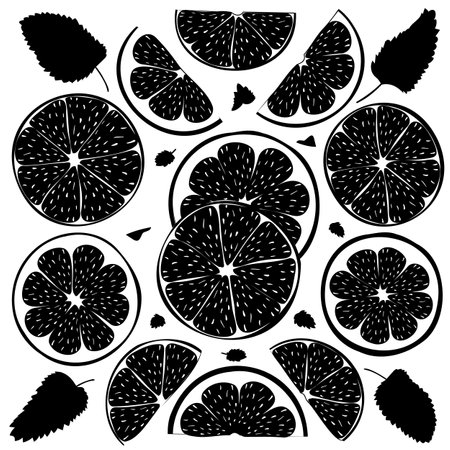 Vector shape of lemon and lime wedges with mint leaves. Vector illustration of fresh citrus cuts of lemon and lime pieces flavored with mint leaves. Lemon and lime slices and mintのイラスト素材