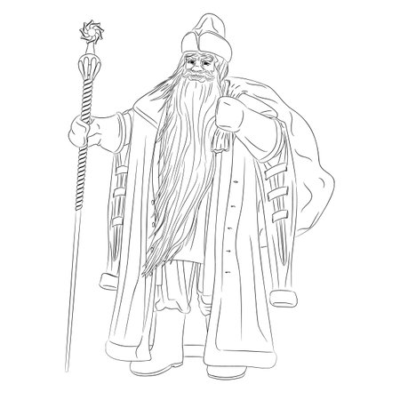 Line art of Ded Moroz with a bag behind his back and a staff. Vector illustration of Ded Moroz, the Russian Santa Claus. Dressed in an ancient Russian fur coat with long sleevesのイラスト素材