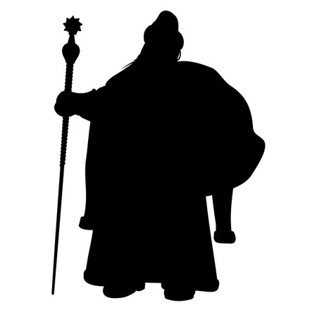 Shape of Santa Claus with a bag behind his back and a staff. Vector illustration of Ded Moroz, the Russian Santa Claus. Dressed in an ancient Russian fur coat with long sleevesのイラスト素材