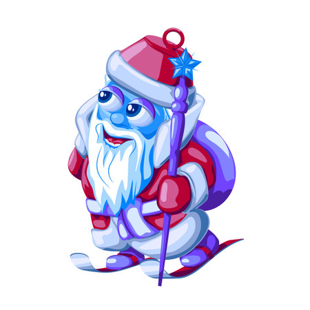Christmas tree toy Santa Claus on skis with gifts bag and staff. Vector illustration of New Year's toy Santa Claus (Ded Moroz) on skis in cartoon style.のイラスト素材