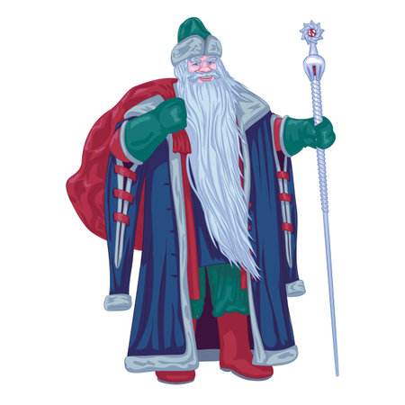 Ded Moroz with bag behind his back and staff. Vector illustration of Ded Moroz, the Russian Santa Claus. Dressed in an ancient Russian fur coat with long sleeves and a fur hat.のイラスト素材