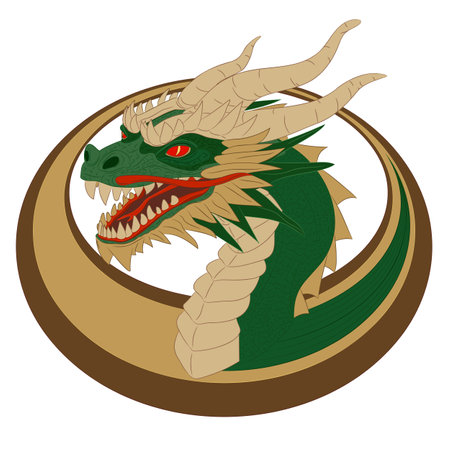 Green wooden dragon in ring - symbol of 2024. Vector illustration of a wooden dragon head with a neck in oval. Head with horns, teeth, mustache and horny scales.のイラスト素材