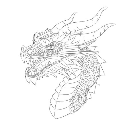 Line art of wooden dragon - symbol of 2024 Vector illustration of a green wooden dragon head with a neck. Head with horns, teeth, mustache and horny scales.のイラスト素材