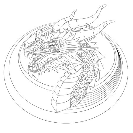 Line art of wooden dragon in ring - symbol of 2024. Vector illustration of a wooden dragon head with a neck in oval. Head with horns, teeth, mustache and horny scales.のイラスト素材