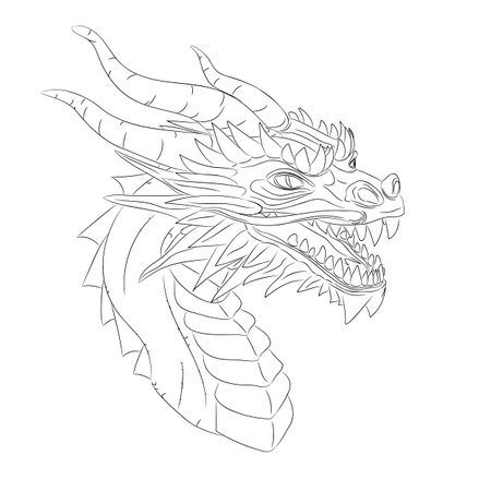 Line art of wooden dragon - symbol of 2024 Vector illustration of a green wooden dragon head with a neck. Head with horns, teeth, mustache and horny scales.のイラスト素材