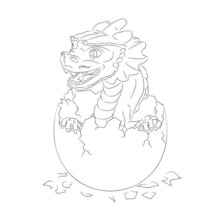 Line art of hatched wooden dragon with paws in egg. Vector illustration of a wooden little dragon hatched from an egg. Baby dragon in an egg with paws, small horns, teethのイラスト素材