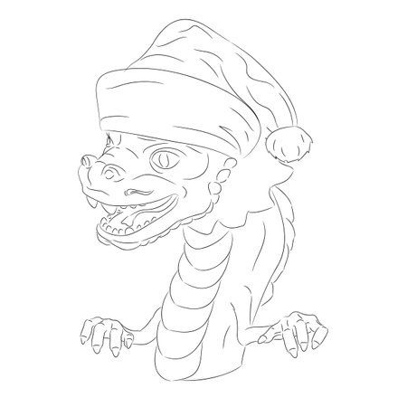 Line art of wooden dragon baby with paws wearing Santa Claus hat. Vector illustration of a wooden little dragon head with a neck and paws in Christmas hat. Baby dragon headのイラスト素材