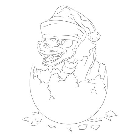 Line art of newborn wooden dragon wearing Santa Claus hat in egg. Vector illustration of a wooden little dragon hatched from an egg in Christmas hat. Baby dragon in an eggのイラスト素材