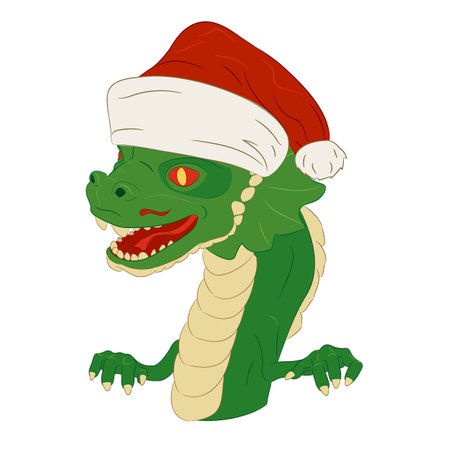 Green wooden dragon baby with paws wearing Santa Claus hat. Vector illustration of a wooden little dragon head with a neck and paws in Christmas hat. Baby dragon head in Santa hatのイラスト素材