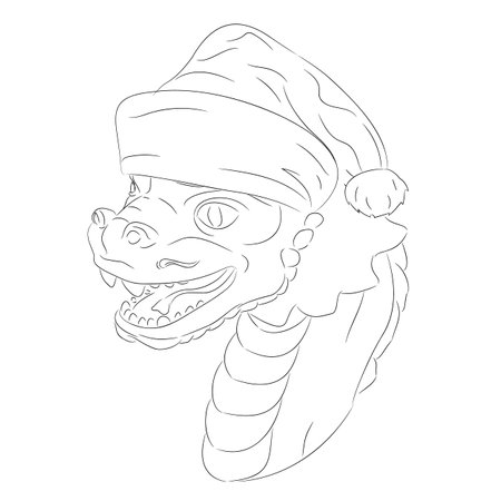 Line art of wooden dragon baby wearing Santa Claus hat. Vector illustration of a wooden little dragon head with a neck in Christmas hat. Baby dragon head in Santa hat with teeth,のイラスト素材