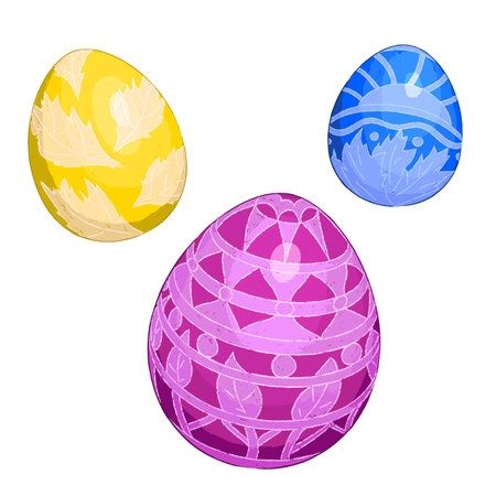 3 Easter eggs decorated with monochrome ornament. Vector illustration of colored Easter eggs decorated with a monochrome pattern. Painting style.のイラスト素材