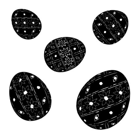 Shape of 5 Easter eggs decorated with ornament. Vector illustration of Easter eggs decorated with pattern. Painting style. Festive treat and celebration of Easter holiday.のイラスト素材