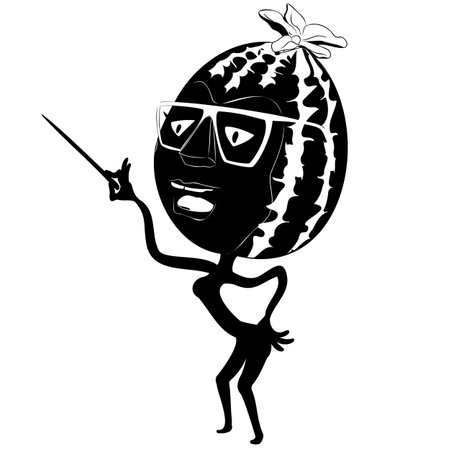 Vector shape of cartoon watermelon with glasses holding pointer in his hand.のイラスト素材