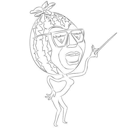 Line art illustration of cartoon watermelon with glasses holding pointer in his hand. Vector illustration of cartoon watermelon character with glasses holding pointer in his handのイラスト素材