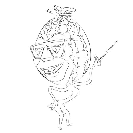 Line art illustration of cartoon watermelon with glasses holding pointer in his hand. Vector illustration of cartoon watermelon character with glasses holding pointer in his hand,のイラスト素材
