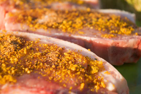 seasoned raw pork meat slicesの写真素材