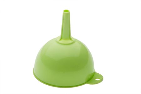 green plastic kitchen funnel isolated on whiteの写真素材