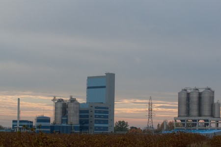 chemical plant in sunset lightの写真素材