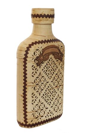 wooden russian ornate flask isolated on whiteの写真素材