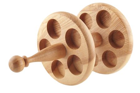 wooden spice jars trivet isolated on whiteの写真素材