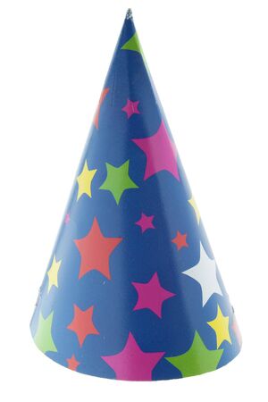 starred cone carton party hat on whiteの写真素材