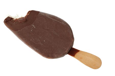 ice cream  in chocolate glaze bit off isolated on whiteの写真素材