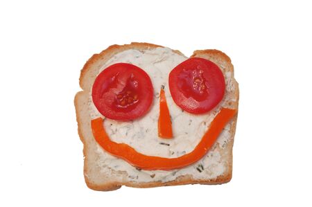 happy sandwich with vegetables isolated on whiteの写真素材