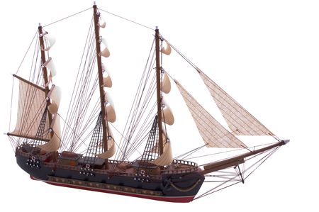 old frigate ship model isolated on whiteの写真素材