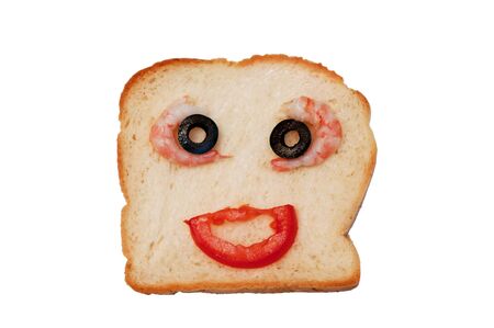 funny sandwich with vegetables and shrimp isolated on whiteの写真素材