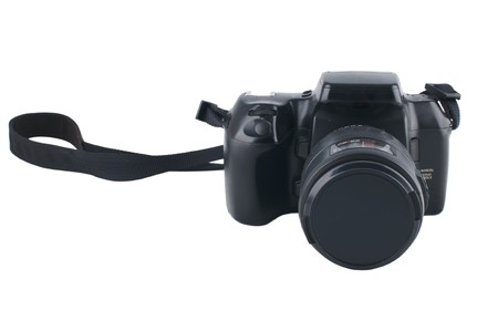 old  autofocus SLR camera isolated on whiteの写真素材